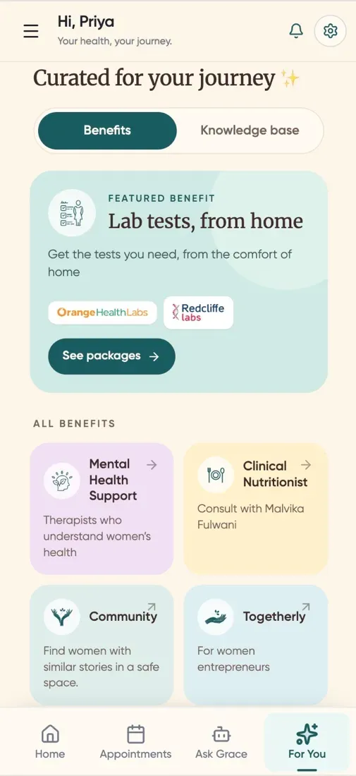 The benefits screen in Grace, showing lab tests from home, mental health support and a clinical nutritionist